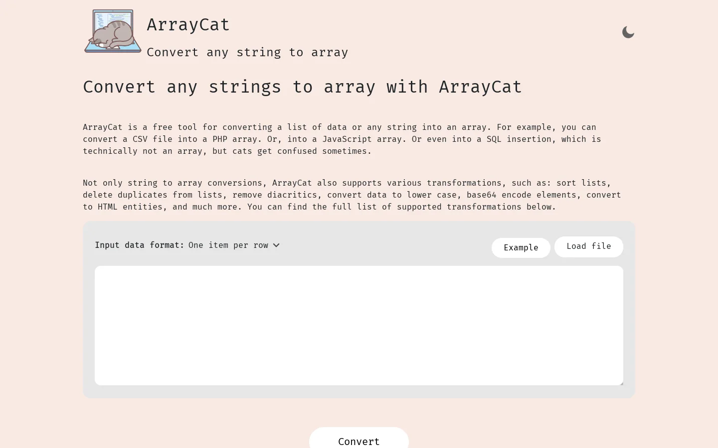 Convert any string to array with ArrayCat Homepage screenshot