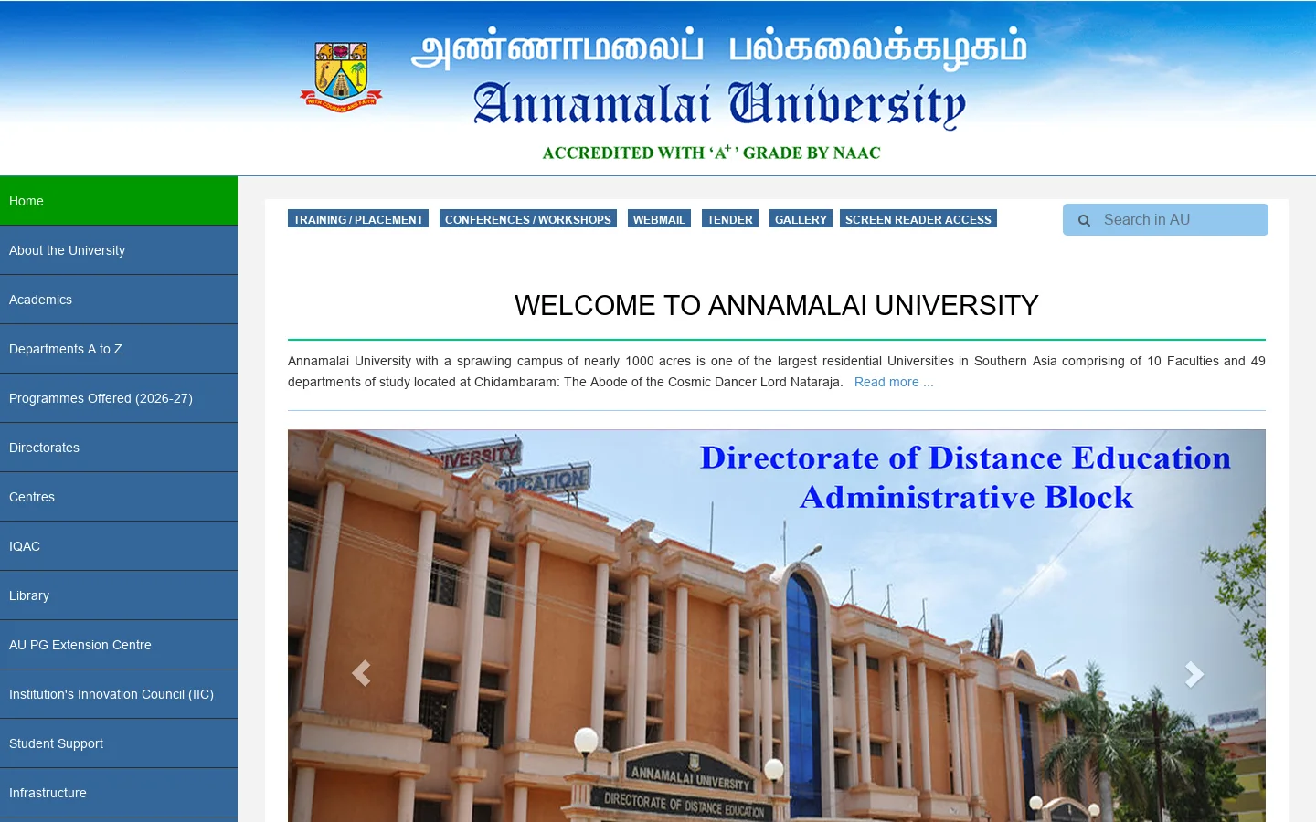 Annamalai University Homepage screenshot