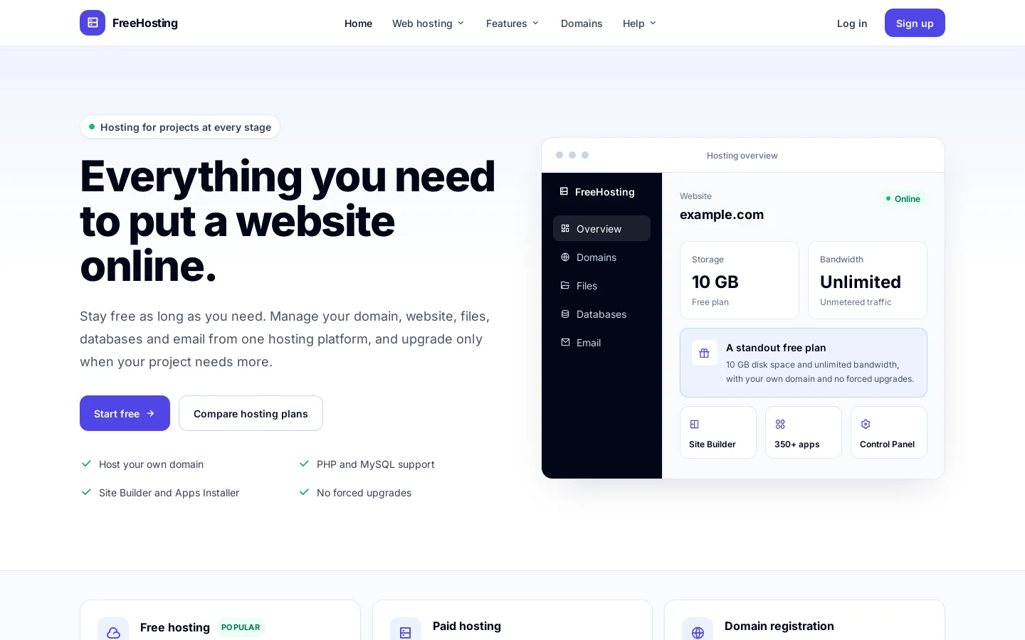 FreeHosting Homepage screenshot