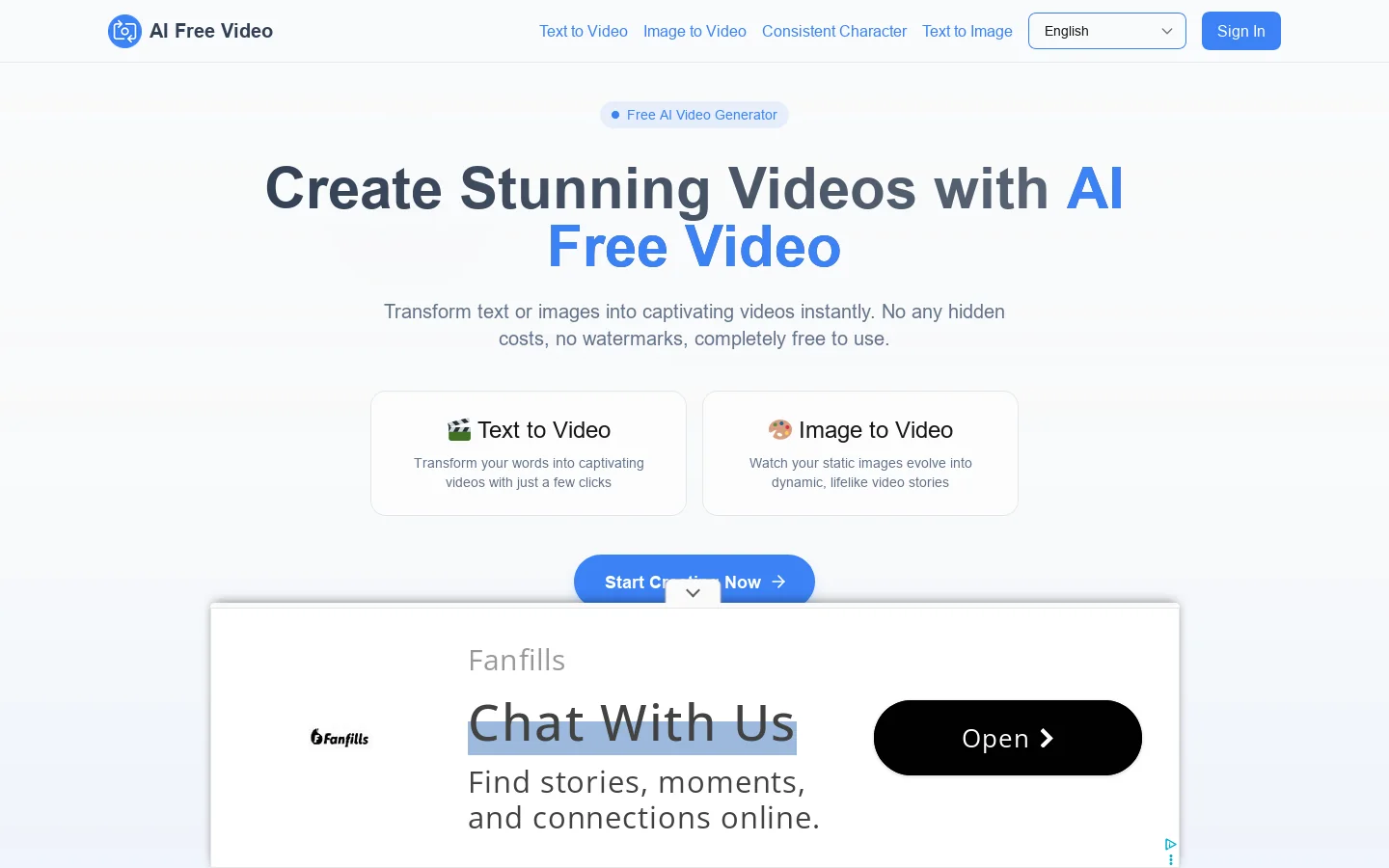 AIFreeVideo.com Homepage screenshot