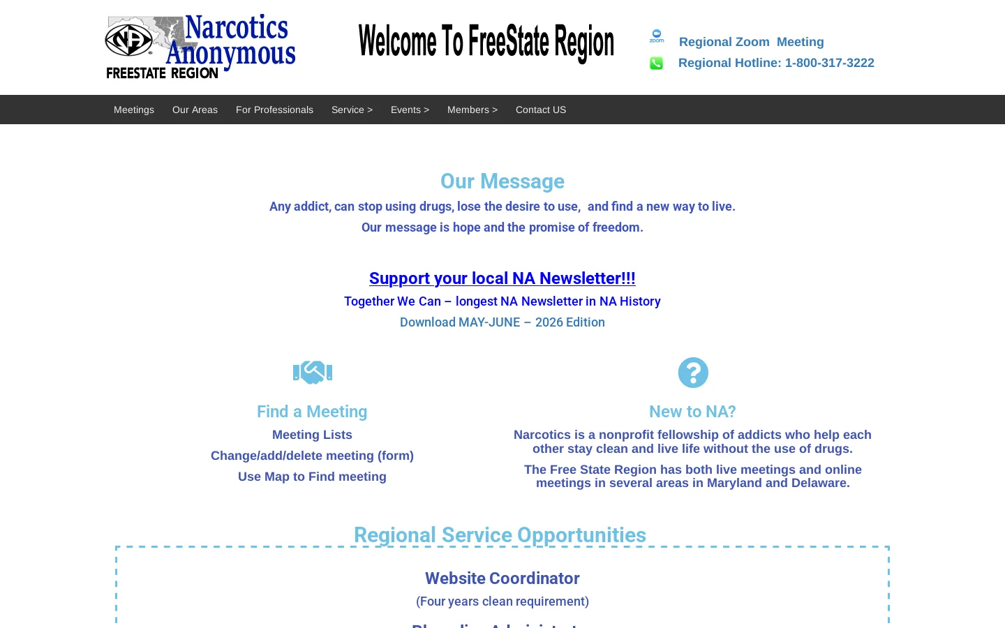 Free State Region of Narcotics Anonymous - Free State Region Homepage screenshot