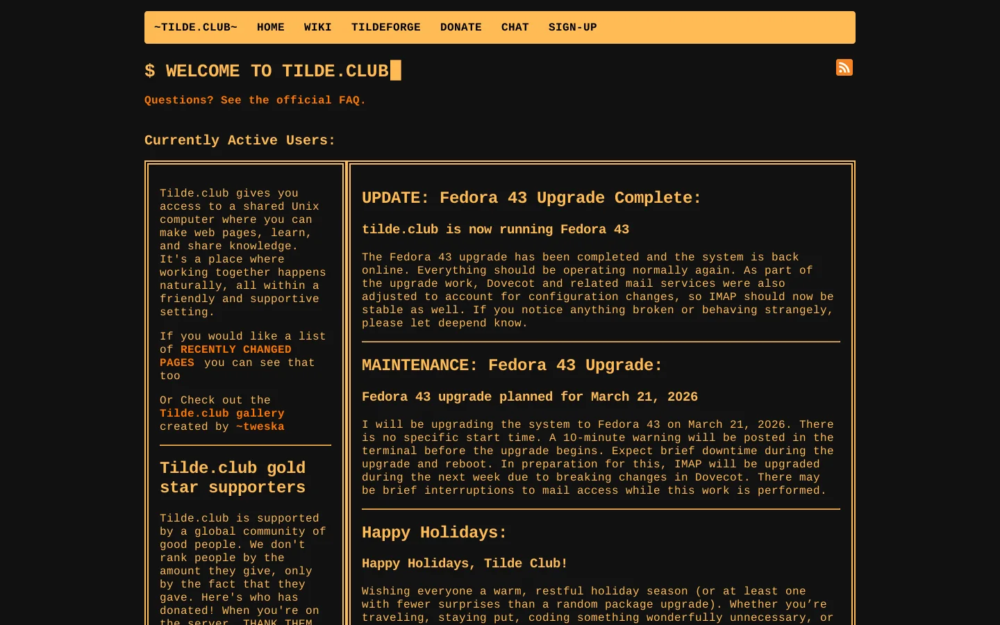 Welcome to ~tilde.club~ Homepage screenshot