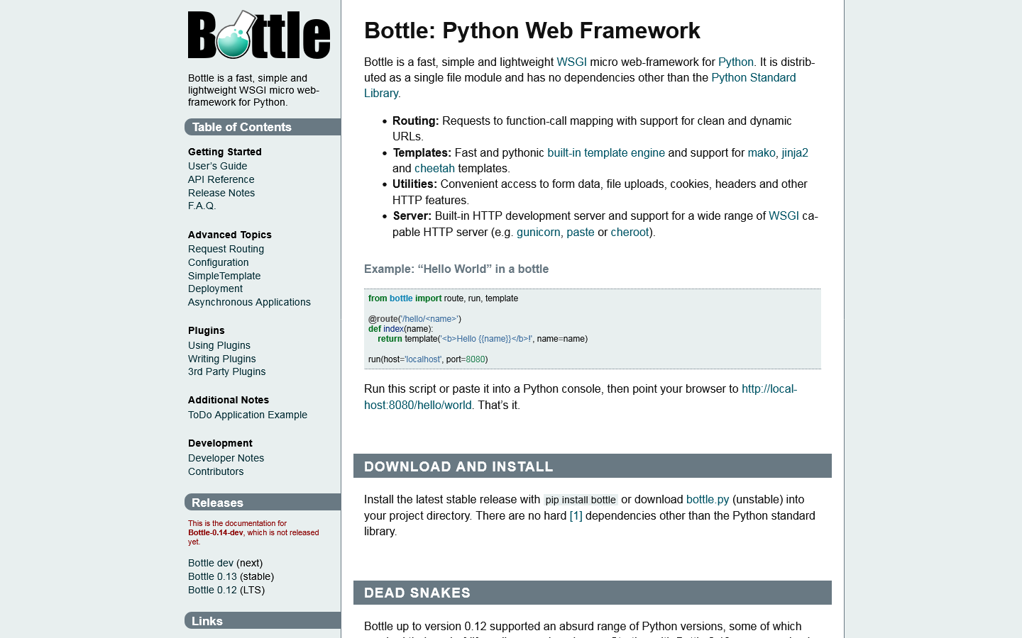 Bottle: Python Web Framework — Bottle 0.14-dev documentation Homepage screenshot