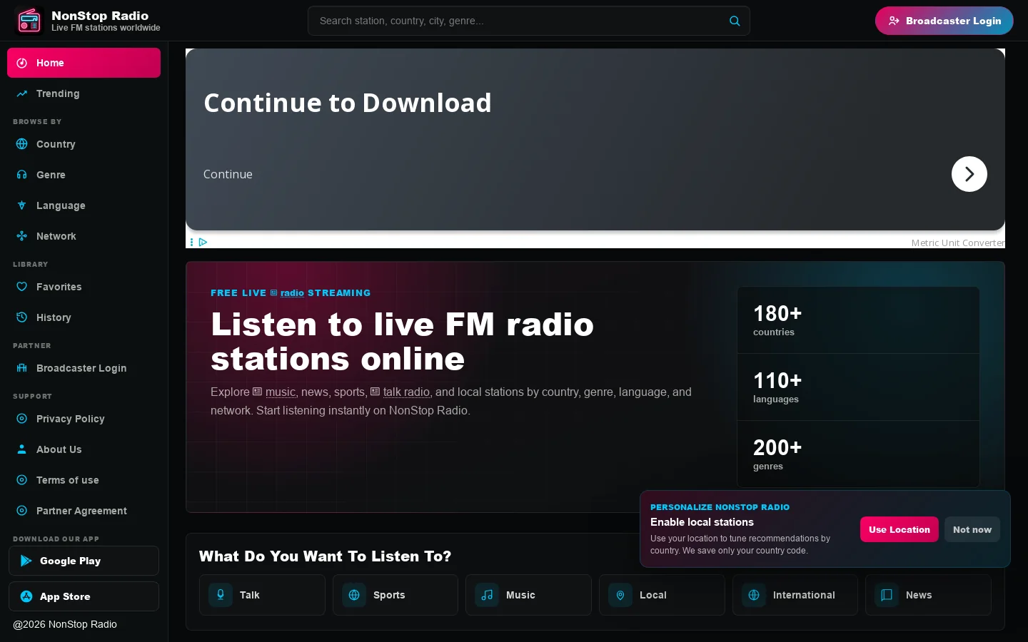 Listen to FM Radio Station | Free Radio Stations Online - NonStop Radio Homepage screenshot