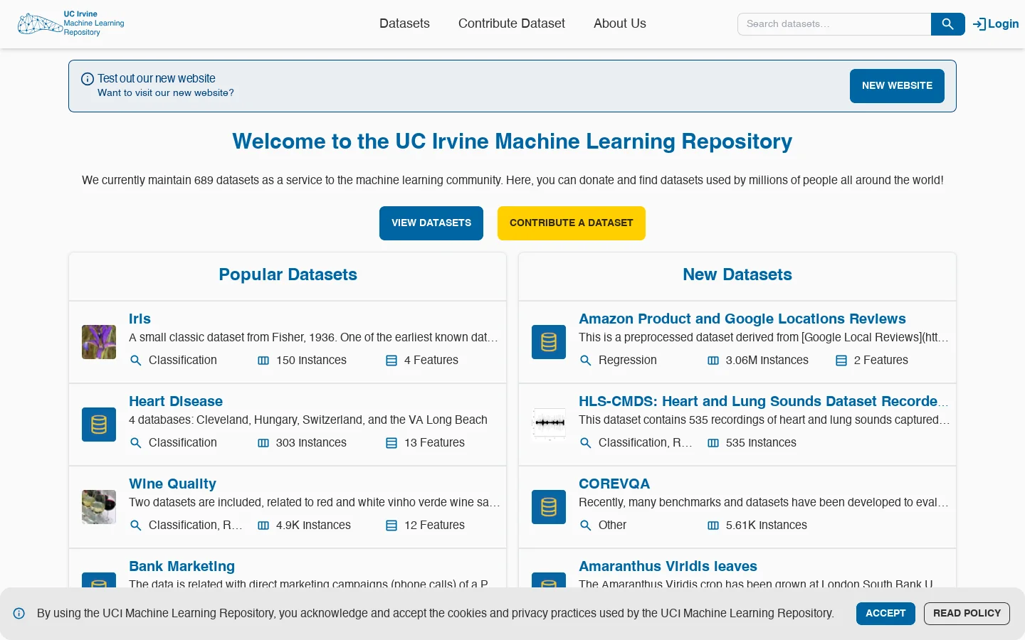 UCI Machine Learning Repository Homepage screenshot