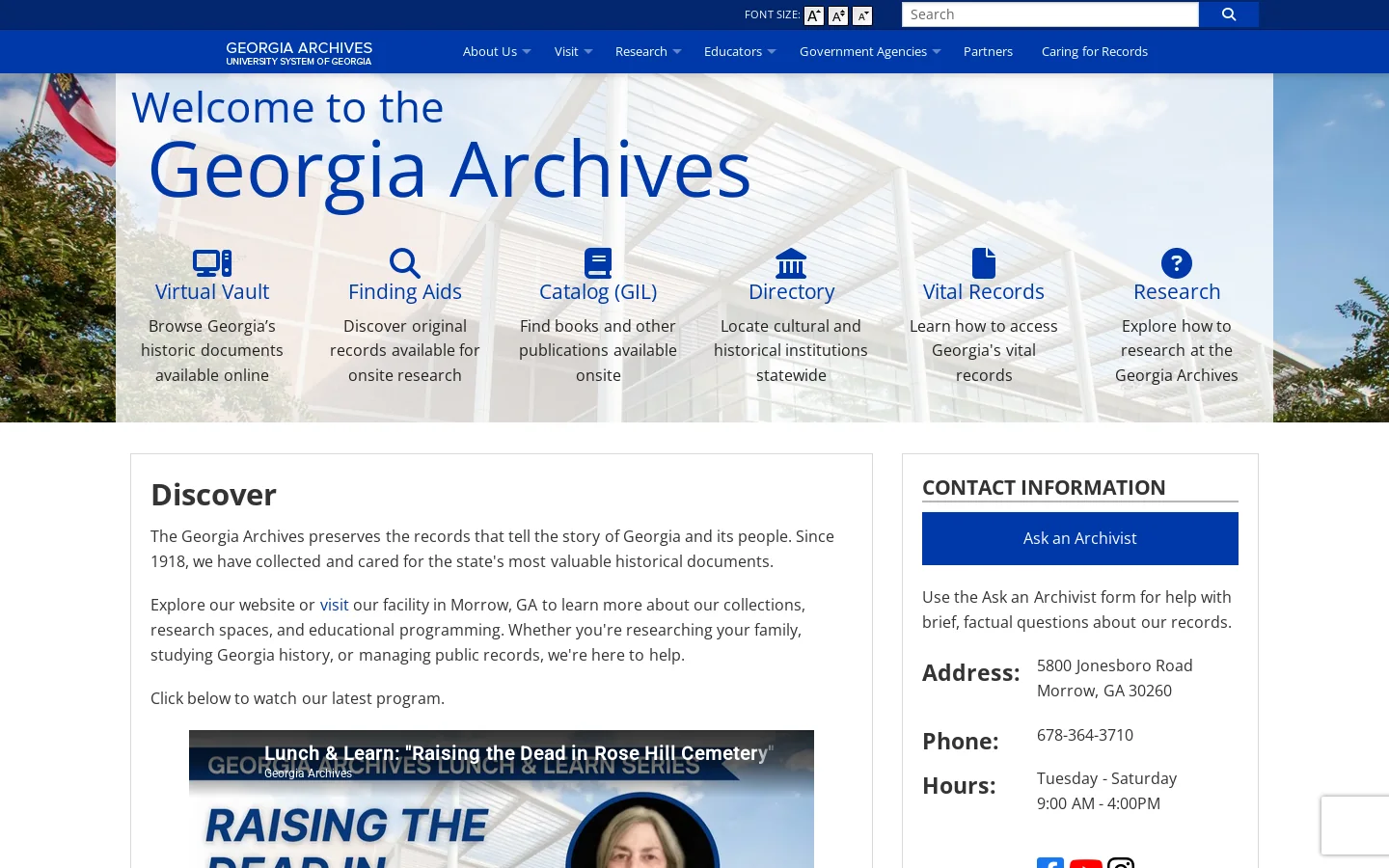 Georgia Archives Homepage screenshot