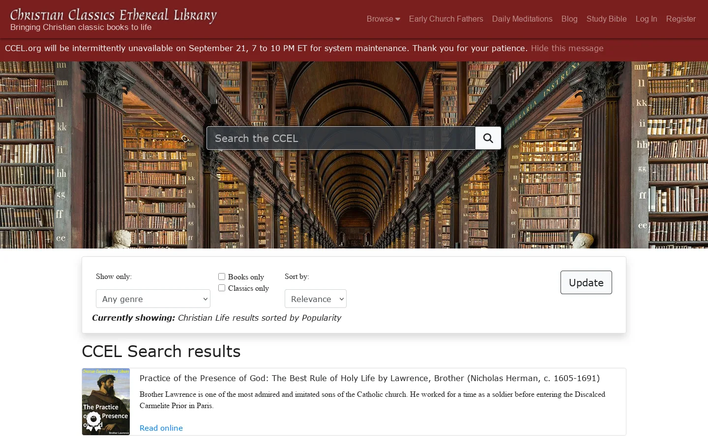 Home - Christian Classics Ethereal Library Homepage screenshot