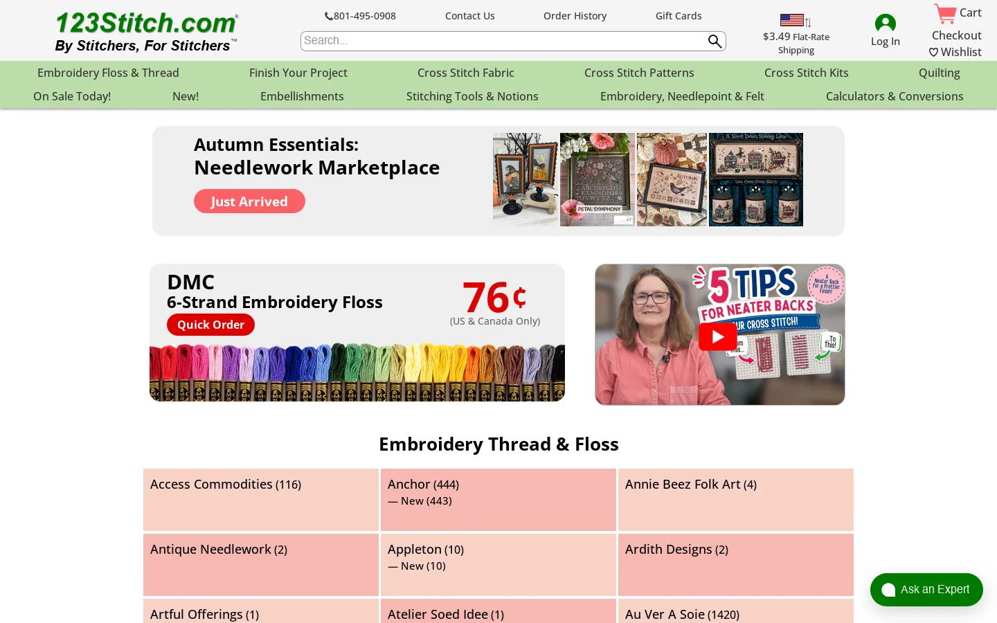 Cross Stitch Patterns, Cross Stitch Kits, Cross Stitch Fabric, Embroidery Floss, Embroidery Thread, Aida, Linen from 123Stitch.com Homepage screenshot