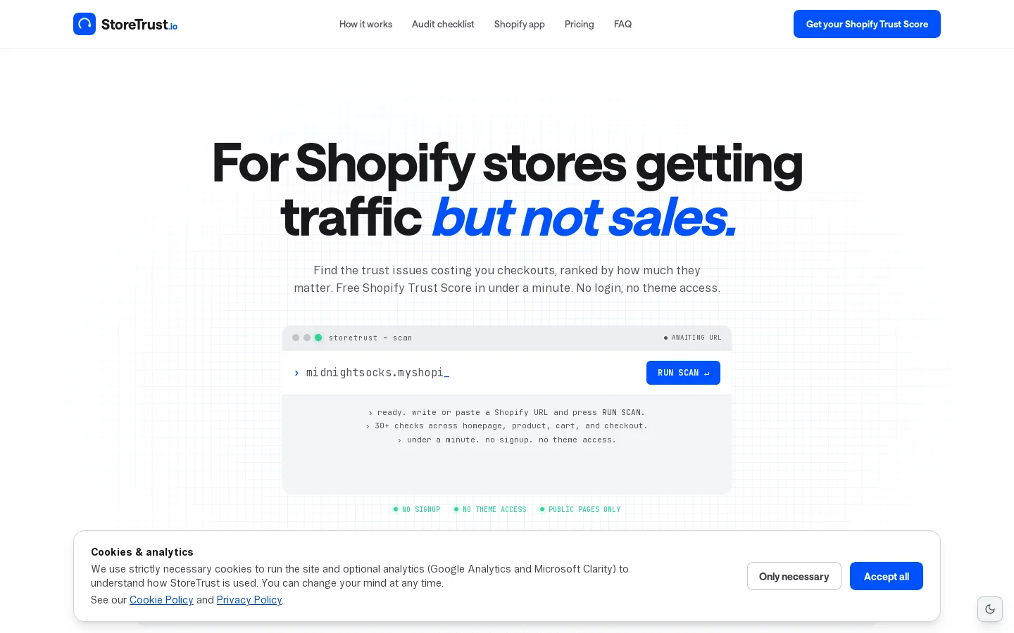 Free Shopify Trust Score: Spot What's Costing You Sales Homepage screenshot