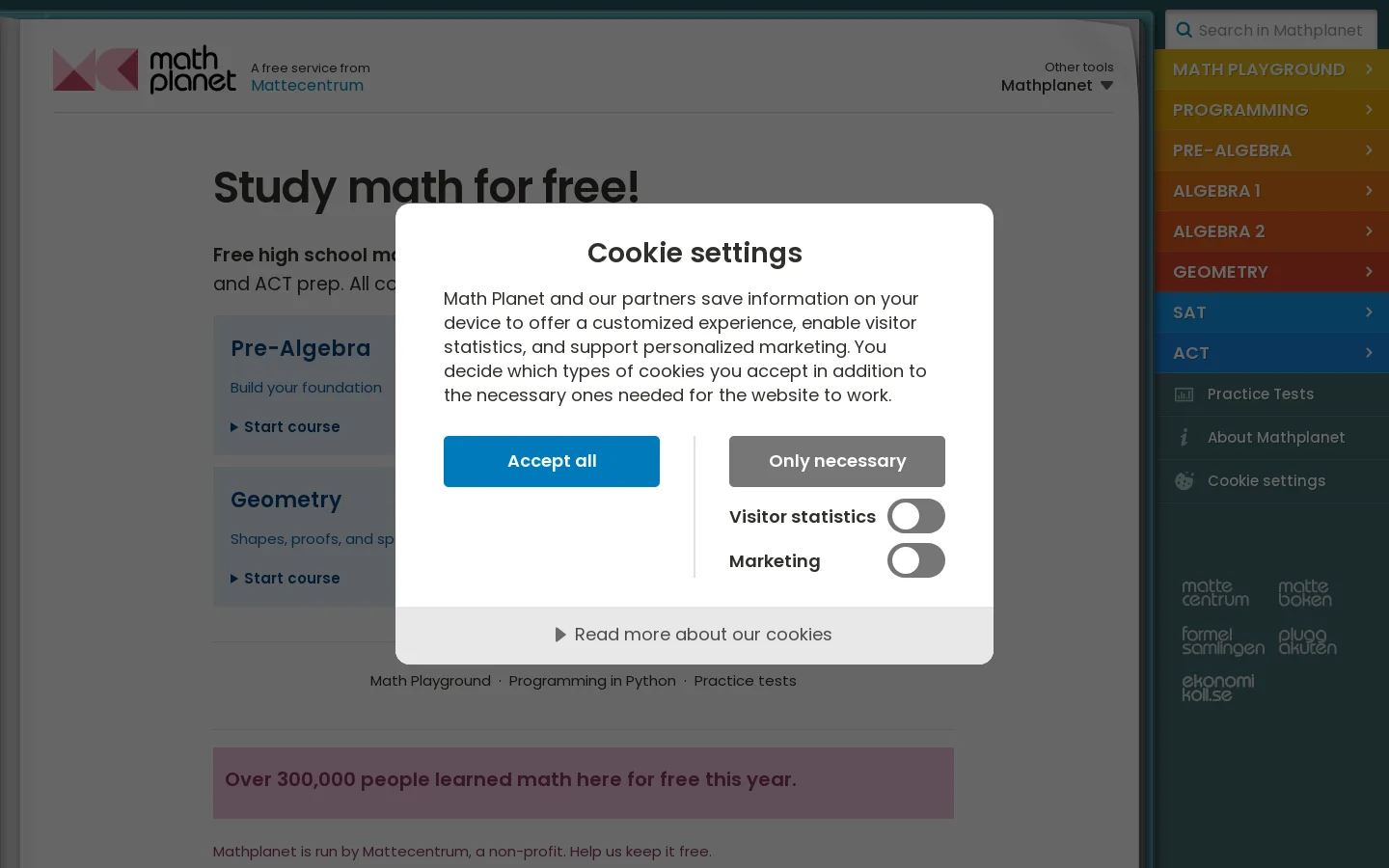 Mathplanet Homepage screenshot