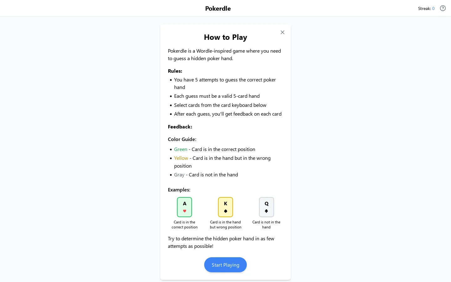 Pokerdle Homepage screenshot