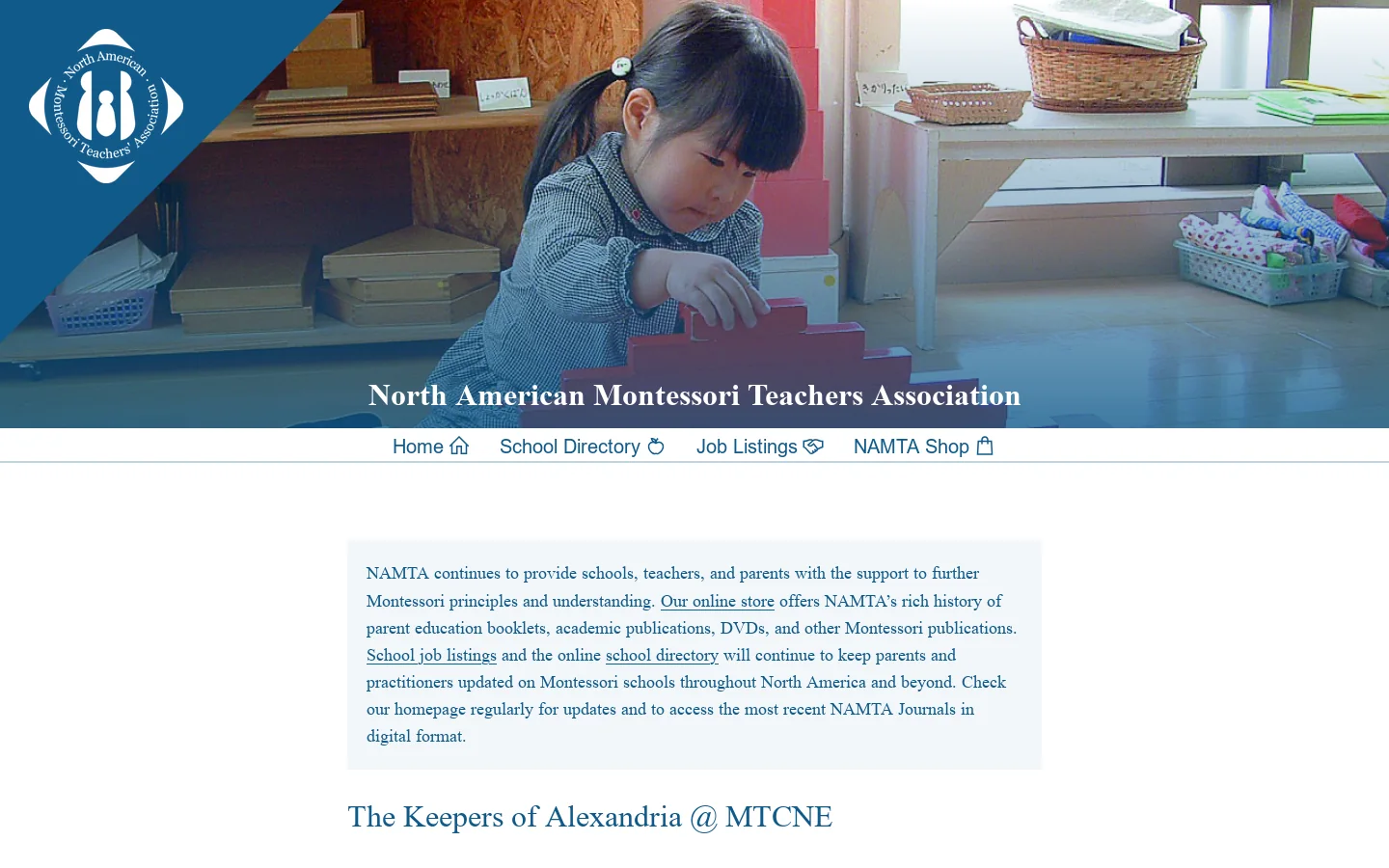 North American Montessori Teachers Association – Support to further Montessori principles and understanding for schools, teachers, and parents Homepage screenshot