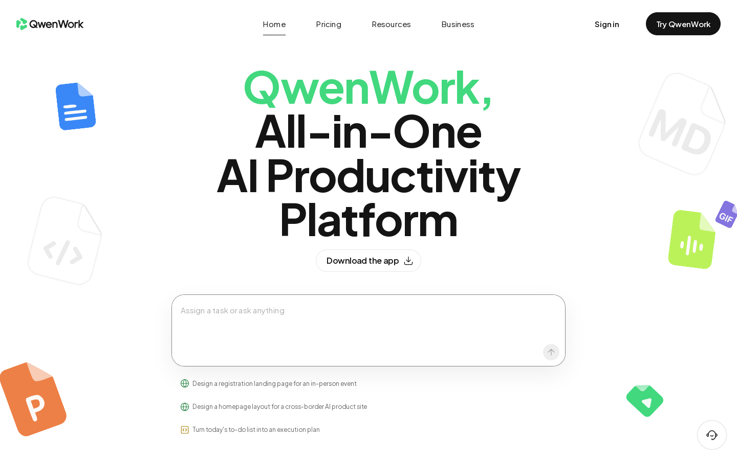 QwenWork Homepage screenshot