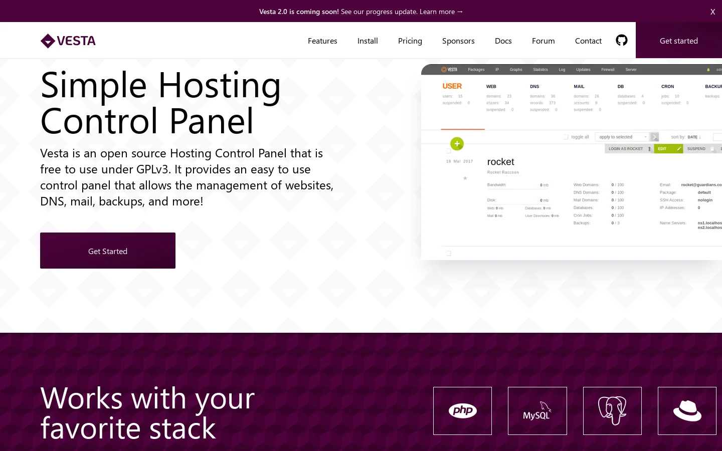 Vesta Control Panel Homepage screenshot