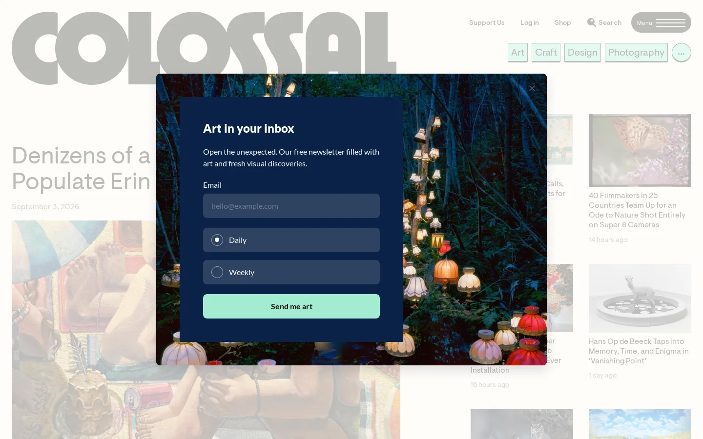 Colossal: Explore contemporary art, craft, photography, and the natural world. Homepage screenshot
