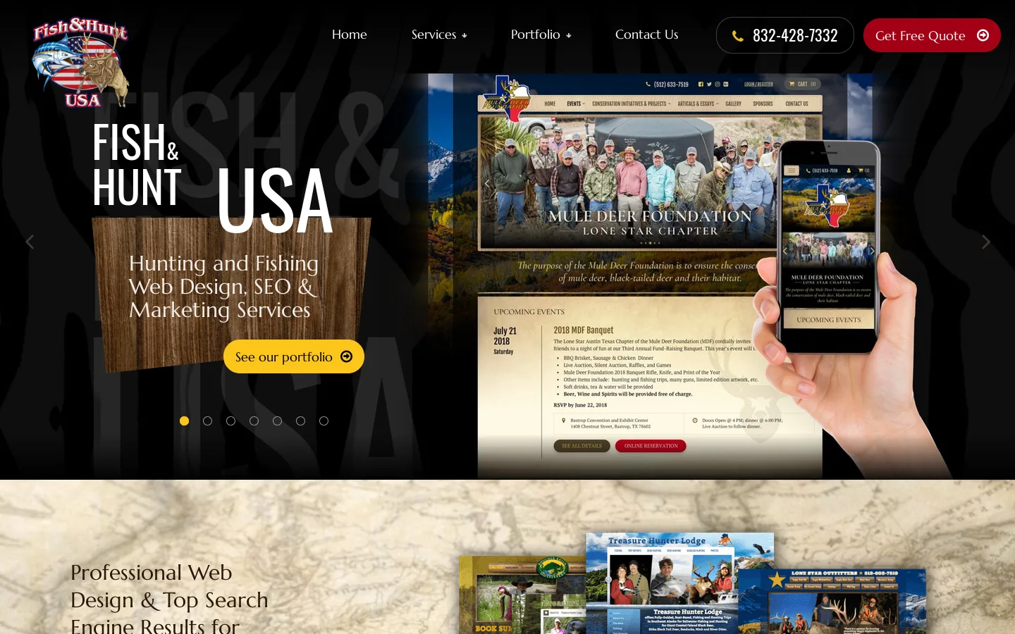 Outdoors Website Design for Hunting and Fishing Outfitters, Lodges, Guides and Ranches, Search Engine Optimization, Logos, Ads, Fish and Hunt USA Web Design Homepage screenshot