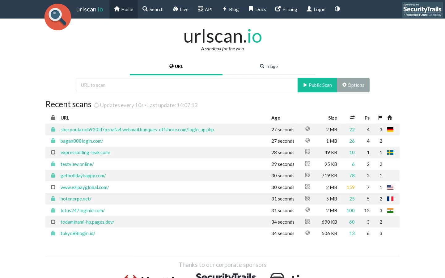 urlscan.io Homepage screenshot