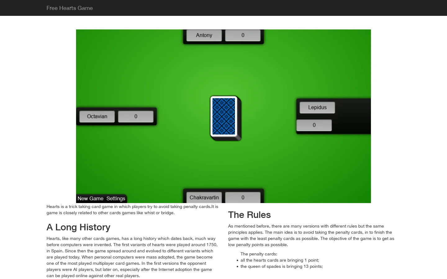Free Hearts Game Homepage screenshot