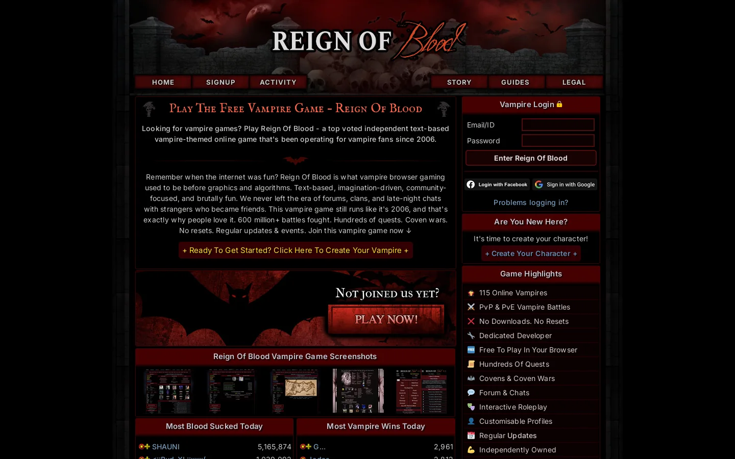 Reign Of Blood Homepage screenshot
