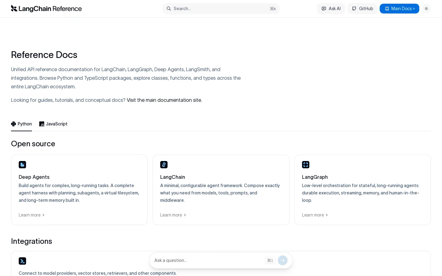 LangChain Reference Docs Homepage screenshot
