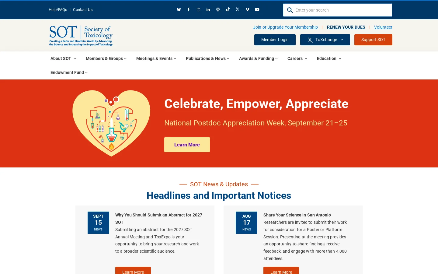 Society of Toxicology (SOT) Homepage screenshot
