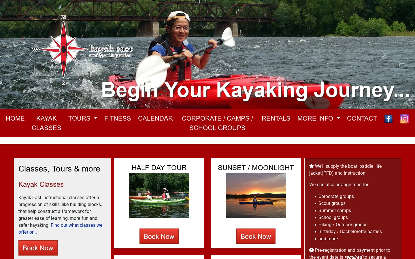 Instructional kayak lessons classes and tours in New Jersey Kayaking NJ Homepage screenshot