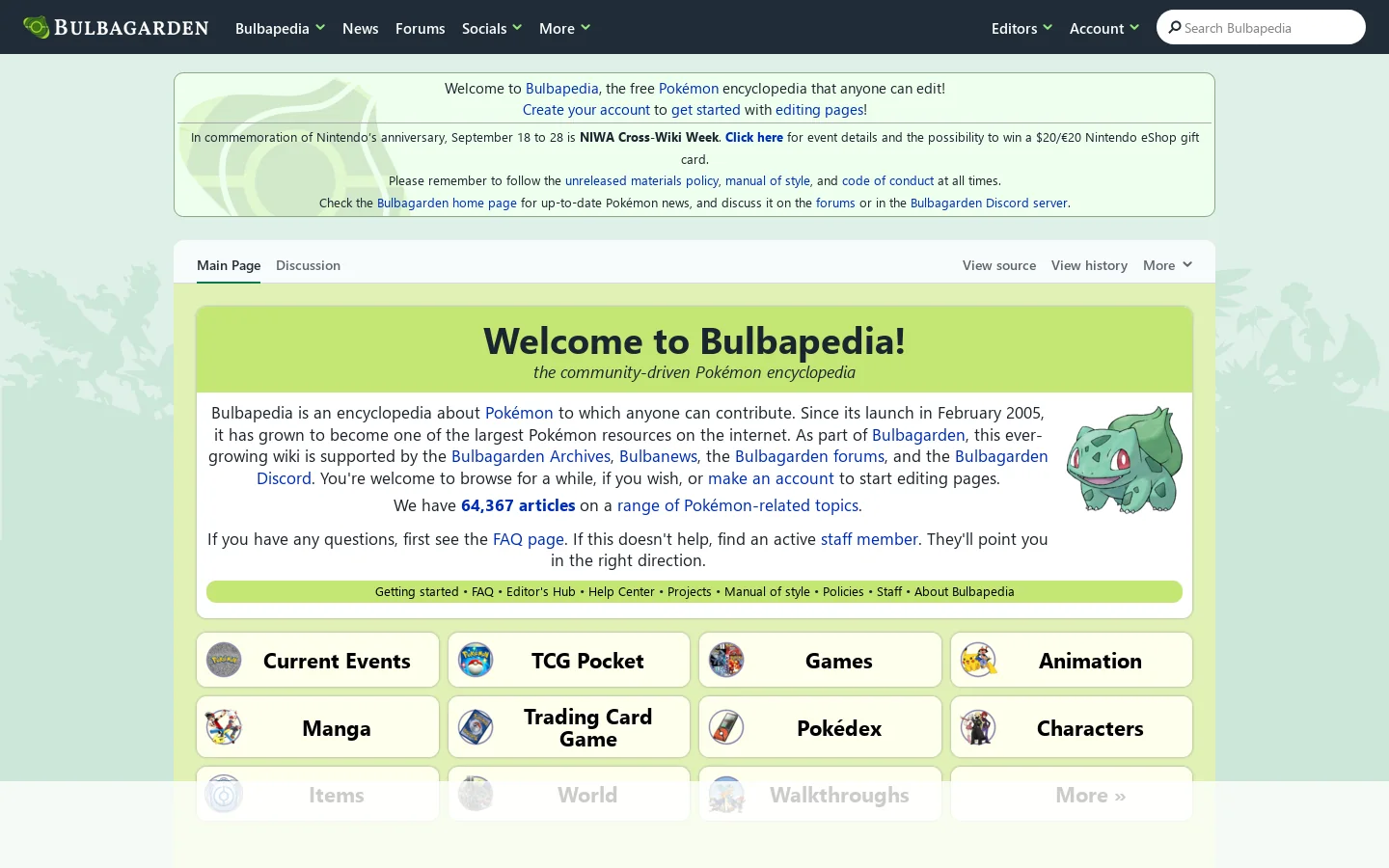 Bulbapedia, the community-driven Pokémon encyclopedia Homepage screenshot