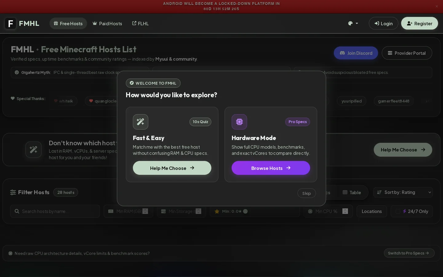 Free Minecraft Hosters List - FMHL - Free Minecraft Hosters List Homepage screenshot