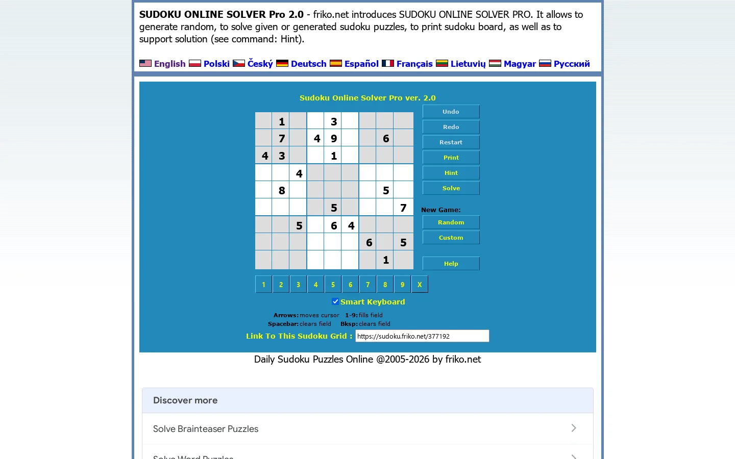 Daily SUDOKU Puzzles Homepage screenshot