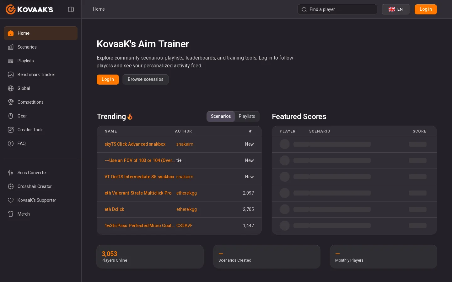KovaaK's Aim Trainer Homepage screenshot