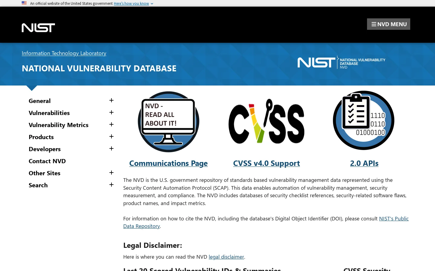 NVD Homepage screenshot