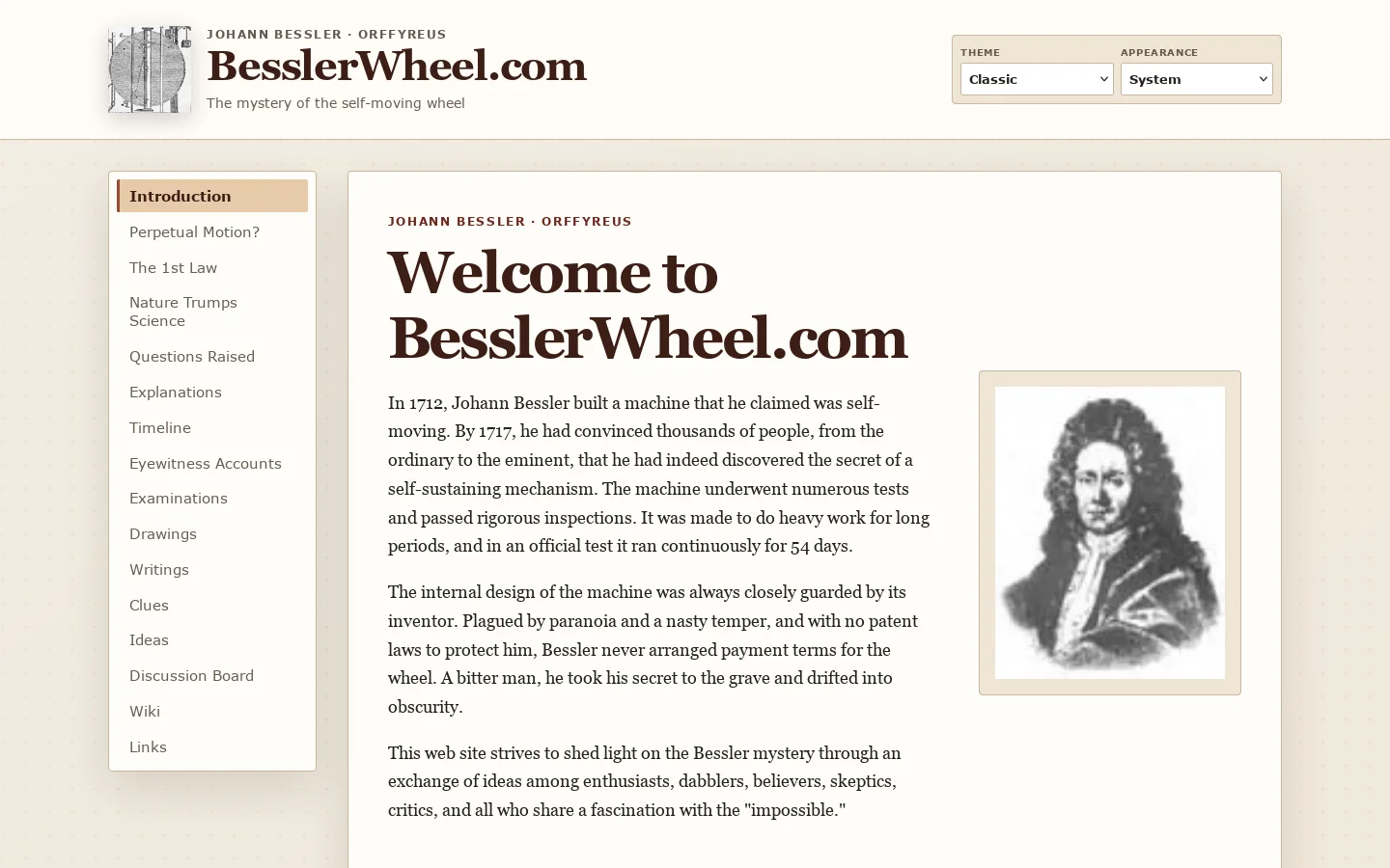 Johann Bessler - Orffyreus Homepage screenshot