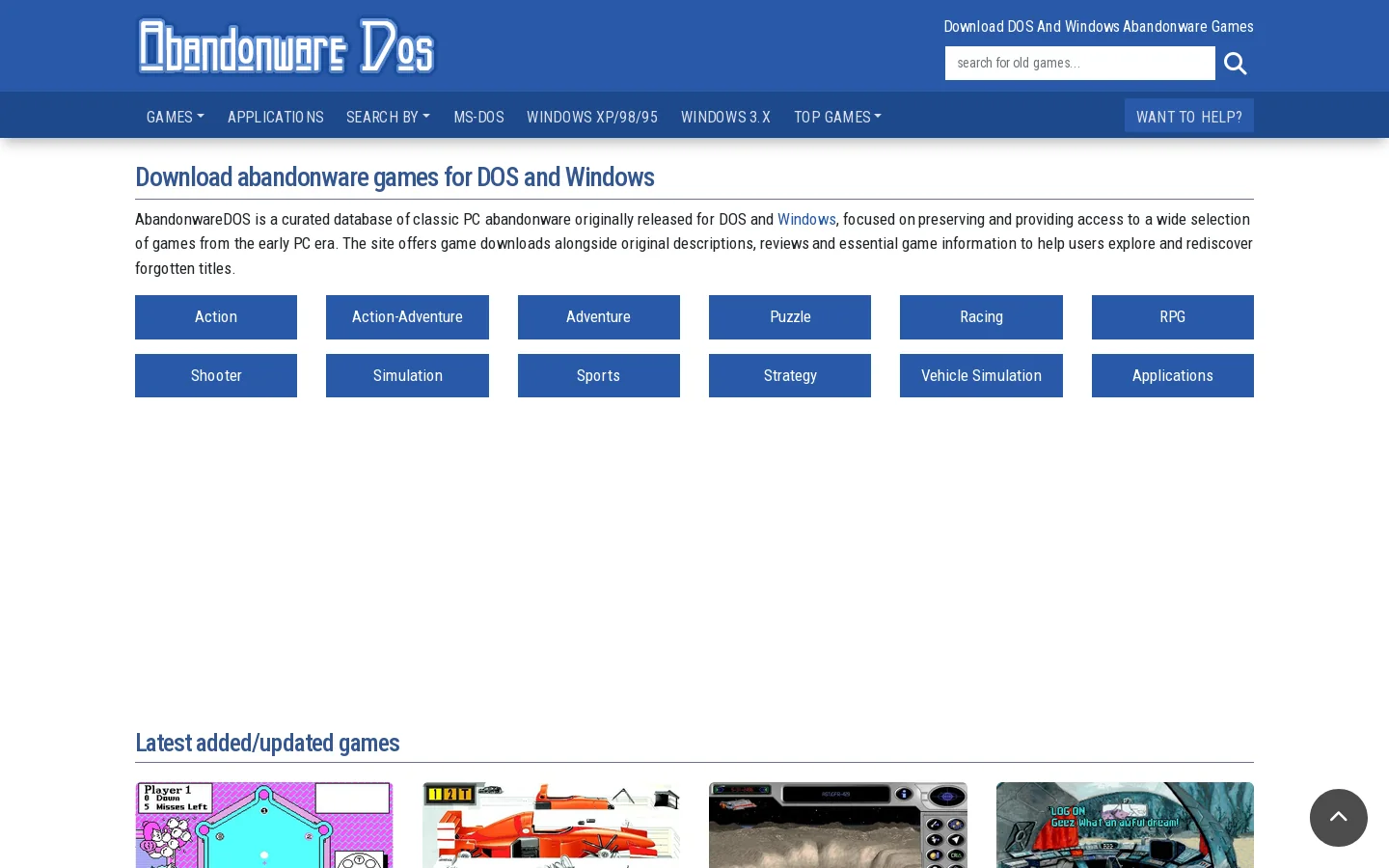 Abandonware DOS Homepage screenshot