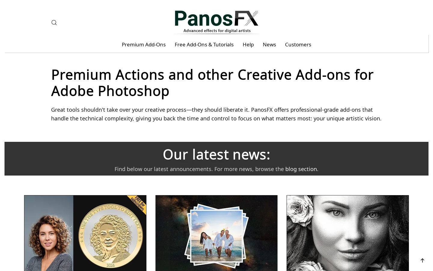 Photoshop Actions, Brushes & more from PanosFX Homepage screenshot