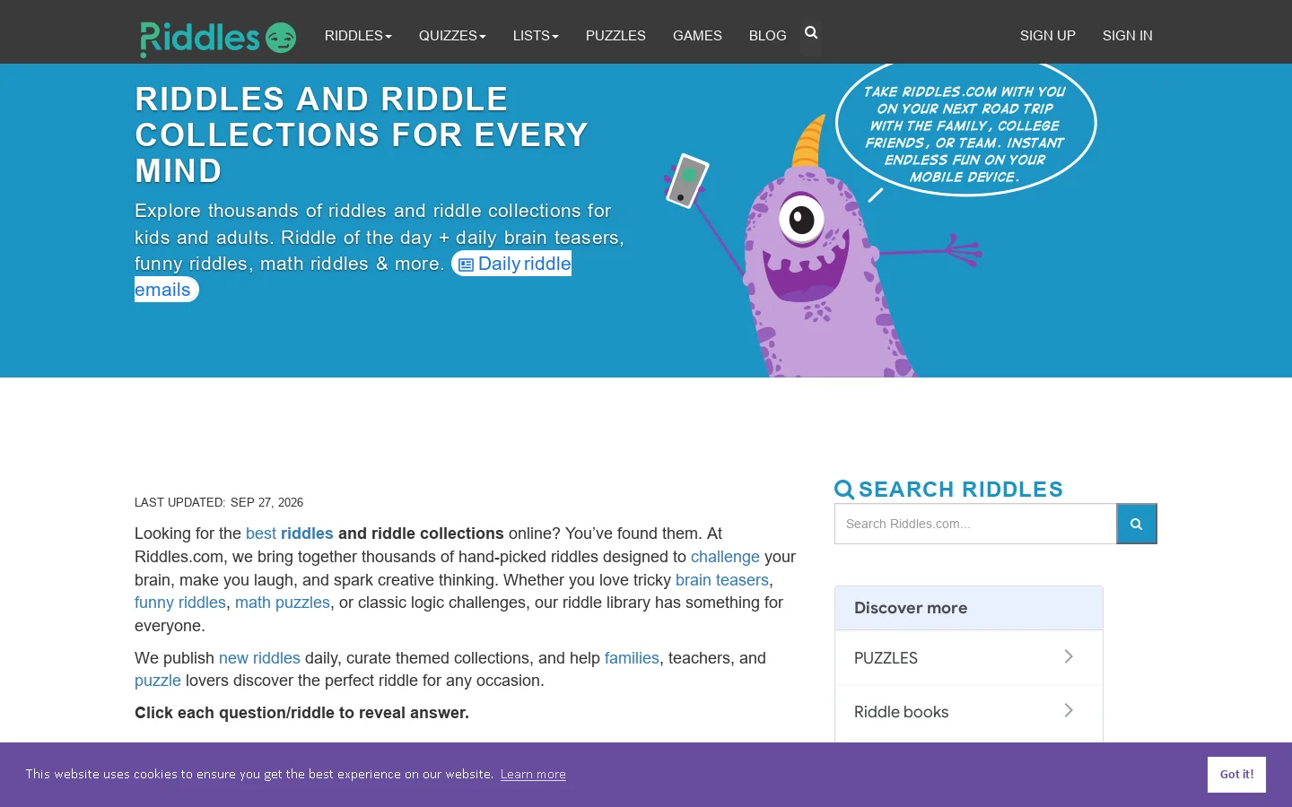 Riddles.com Homepage screenshot