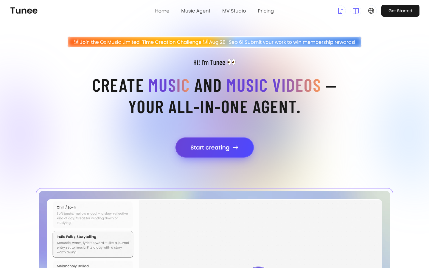 Tunee Homepage screenshot