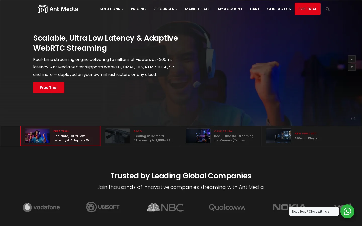 Ultra Low Latency WebRTC Live Streaming - Open Source Media Server Homepage screenshot