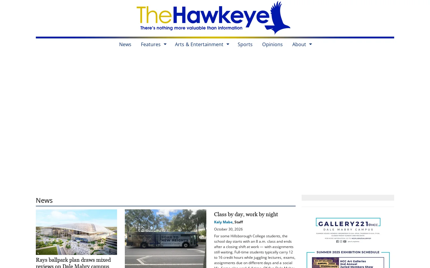 The Hawkeye – The student news site of Hillsborough Community College. Homepage screenshot