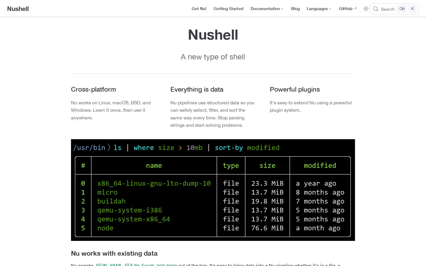 Nushell Homepage screenshot