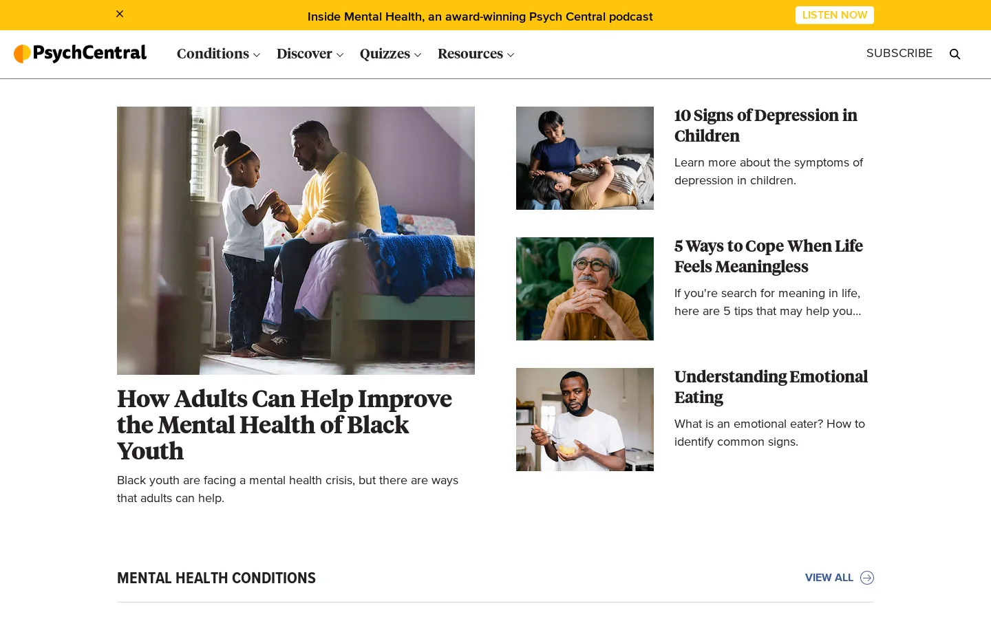 Mental disorders and mental illness Homepage screenshot