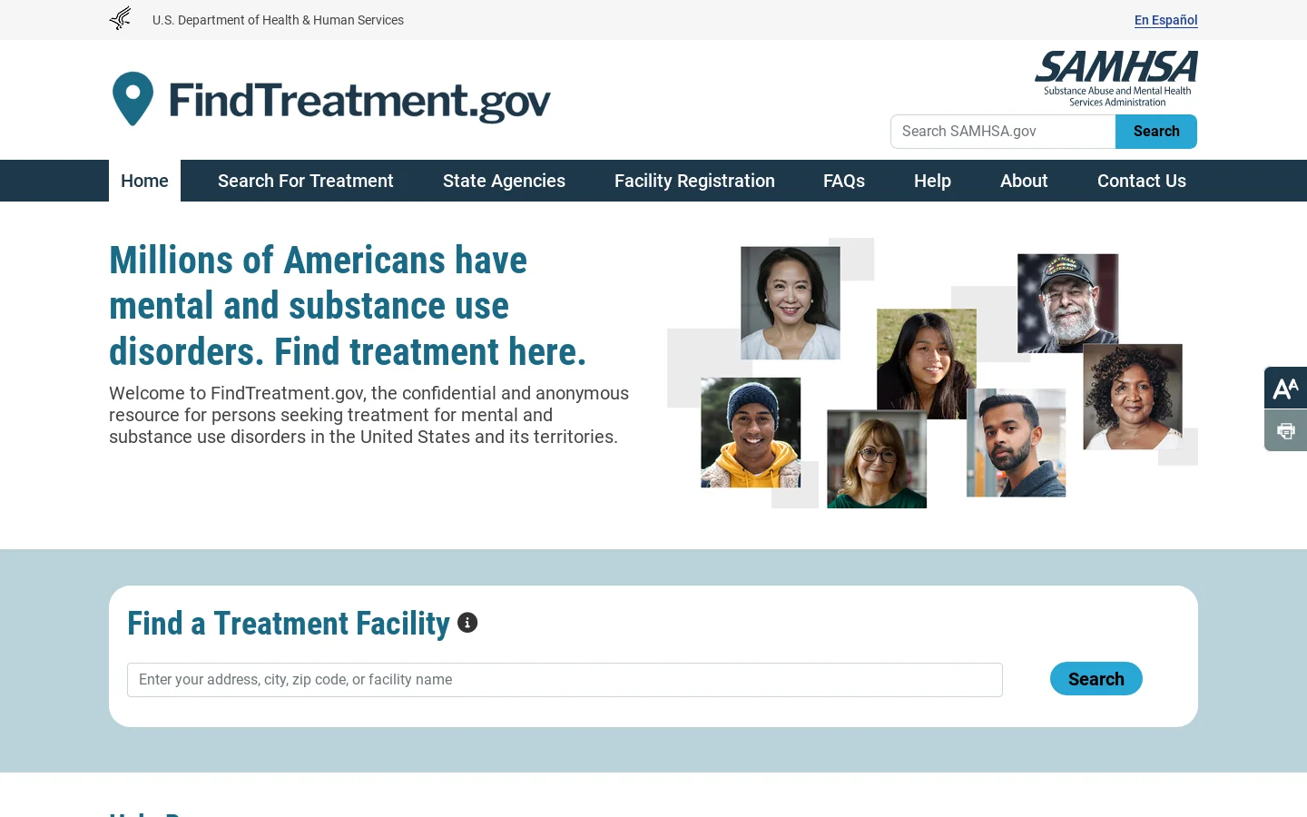 FindTreatment.gov Homepage screenshot