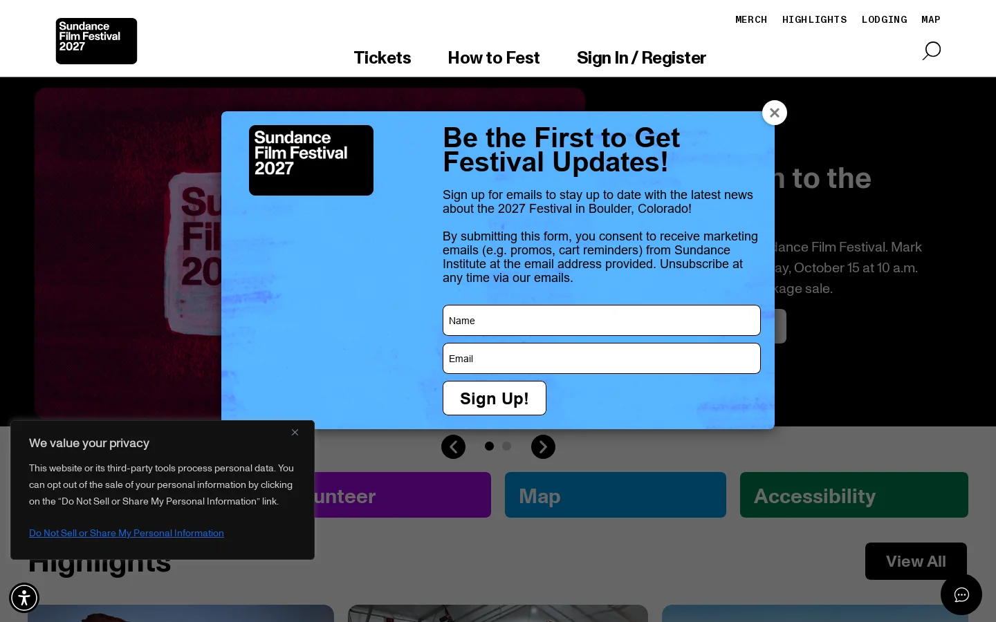 Sundance Film Festival Homepage screenshot