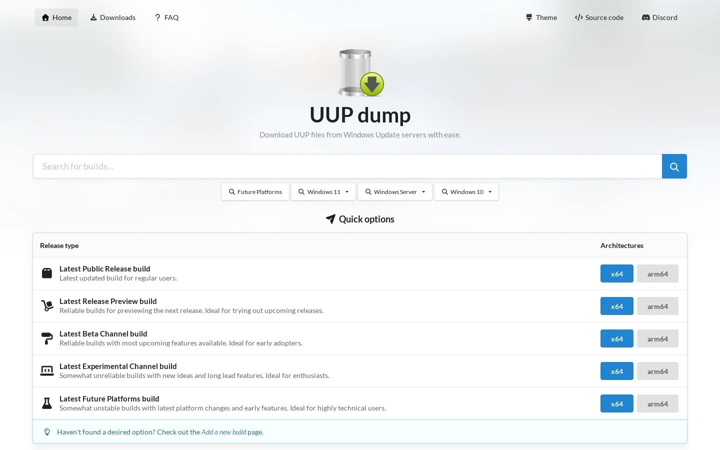 UUP dump Homepage screenshot
