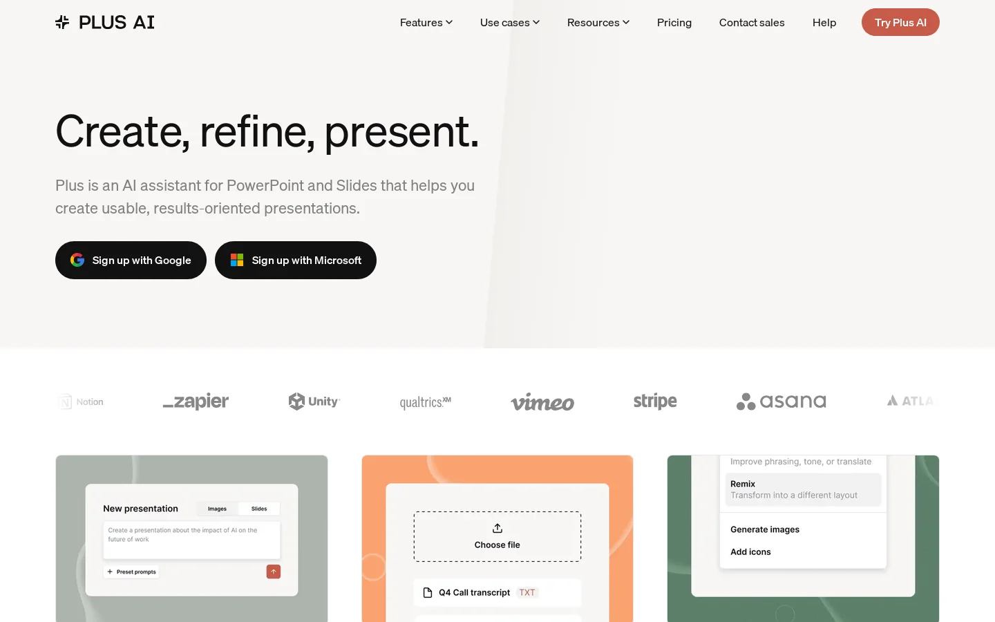 Plus AI presentation maker Homepage screenshot