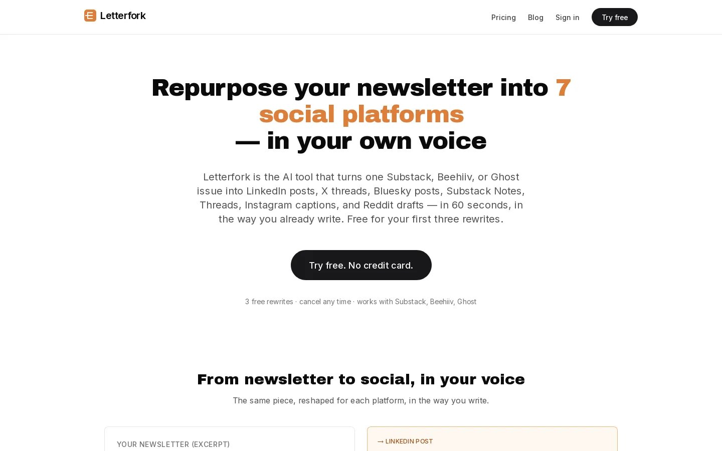 Letterfork. Newsletter to seven platforms, in your voice Homepage screenshot