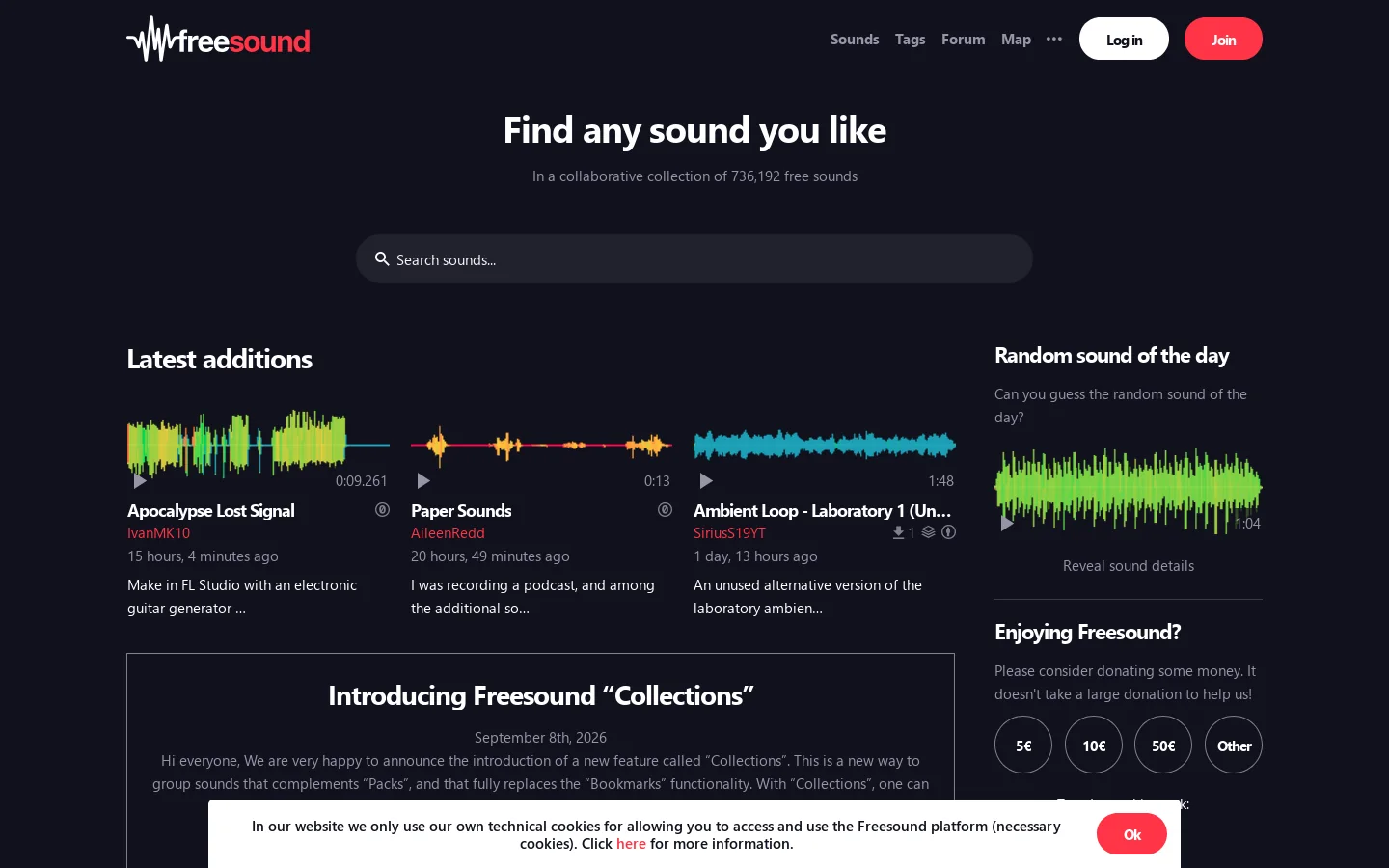 Freesound Homepage screenshot
