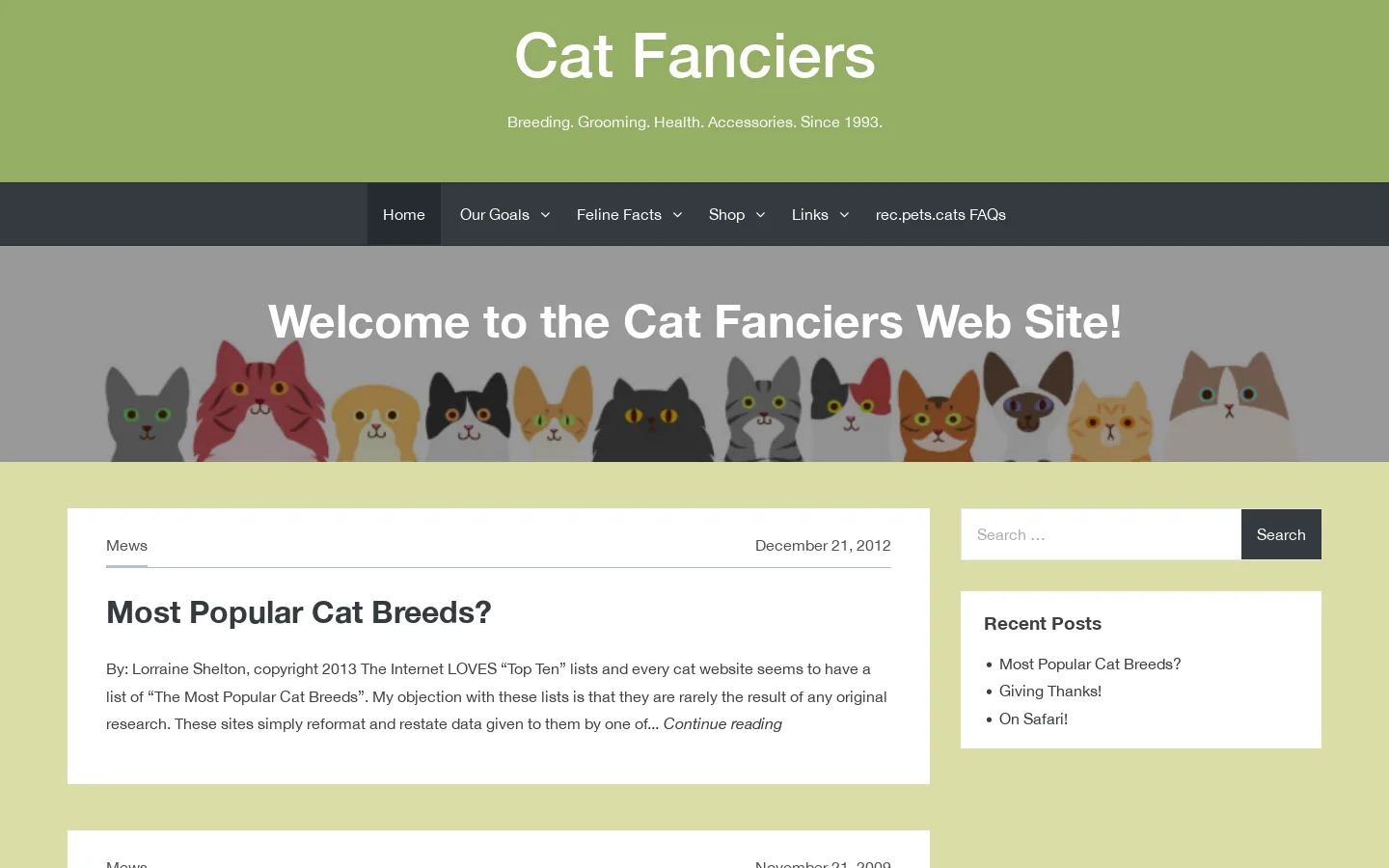 Cat Fanciers – Breeding. Grooming. Health. Accessories. Since 1993. Homepage screenshot