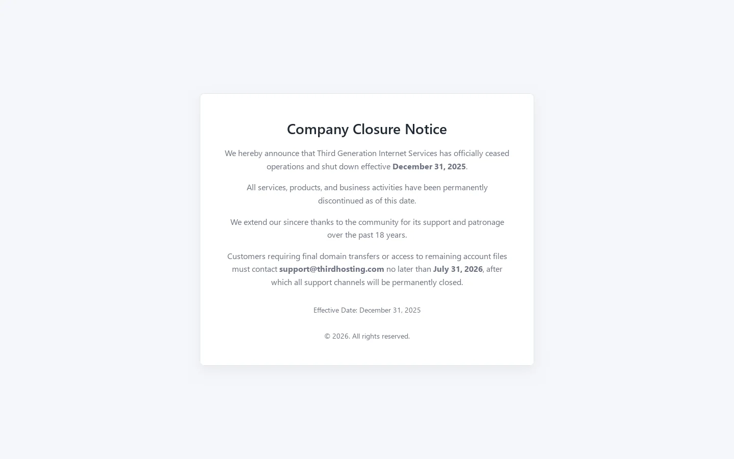 Company Closure Notice Homepage screenshot