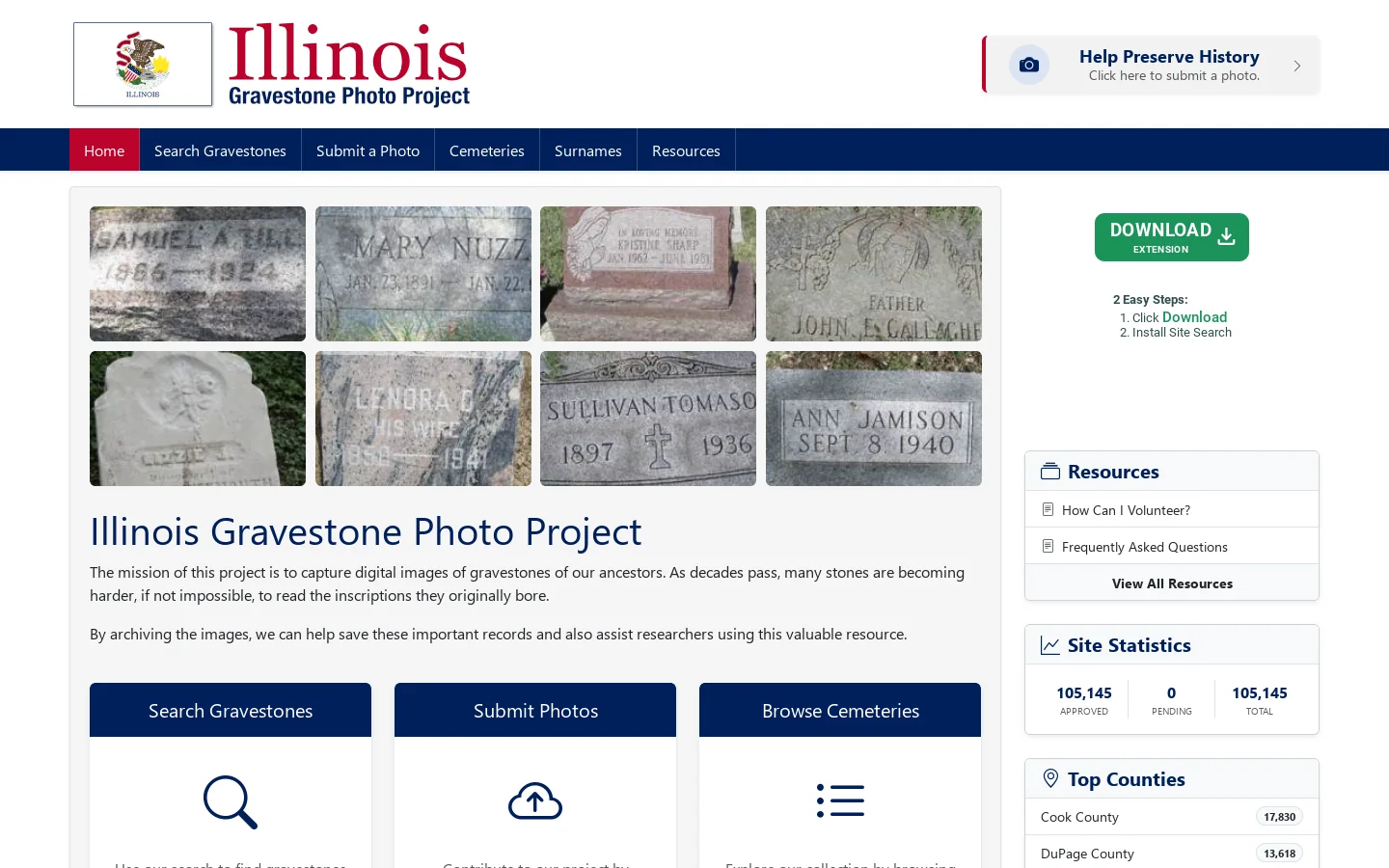 Illinois Gravestone Photo Project | Search for Illinois Gravestone Photos, Tombstone Pictures, and Cemetery Burials Homepage screenshot