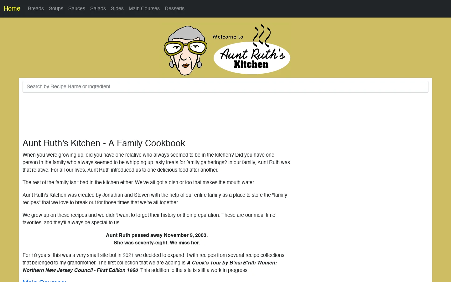 Aunt Ruth's Kitchen Homepage screenshot
